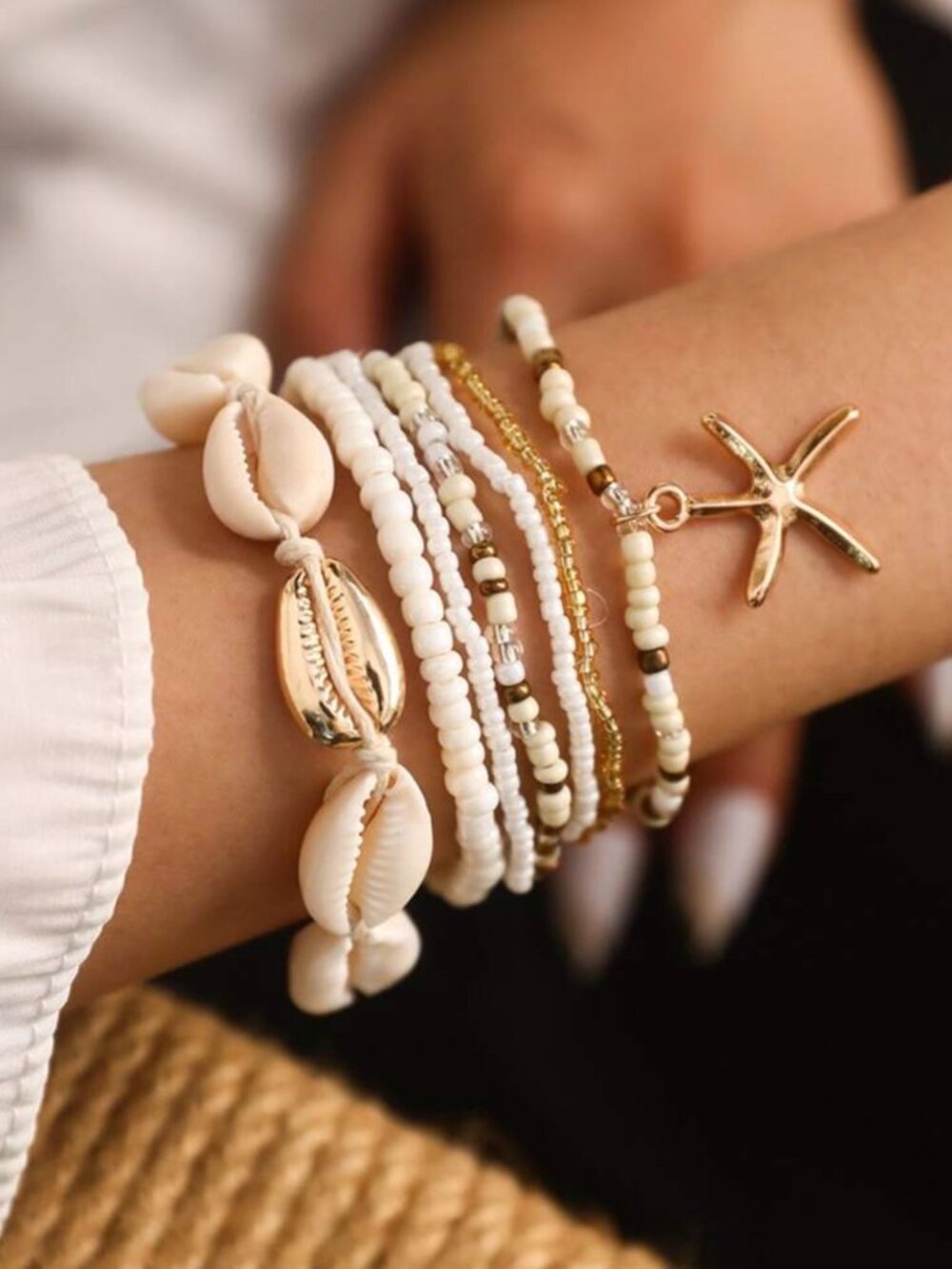 [3for$20] Gold & White Shell Beaded Bracelet or Anklet Set with Starfish Charm
